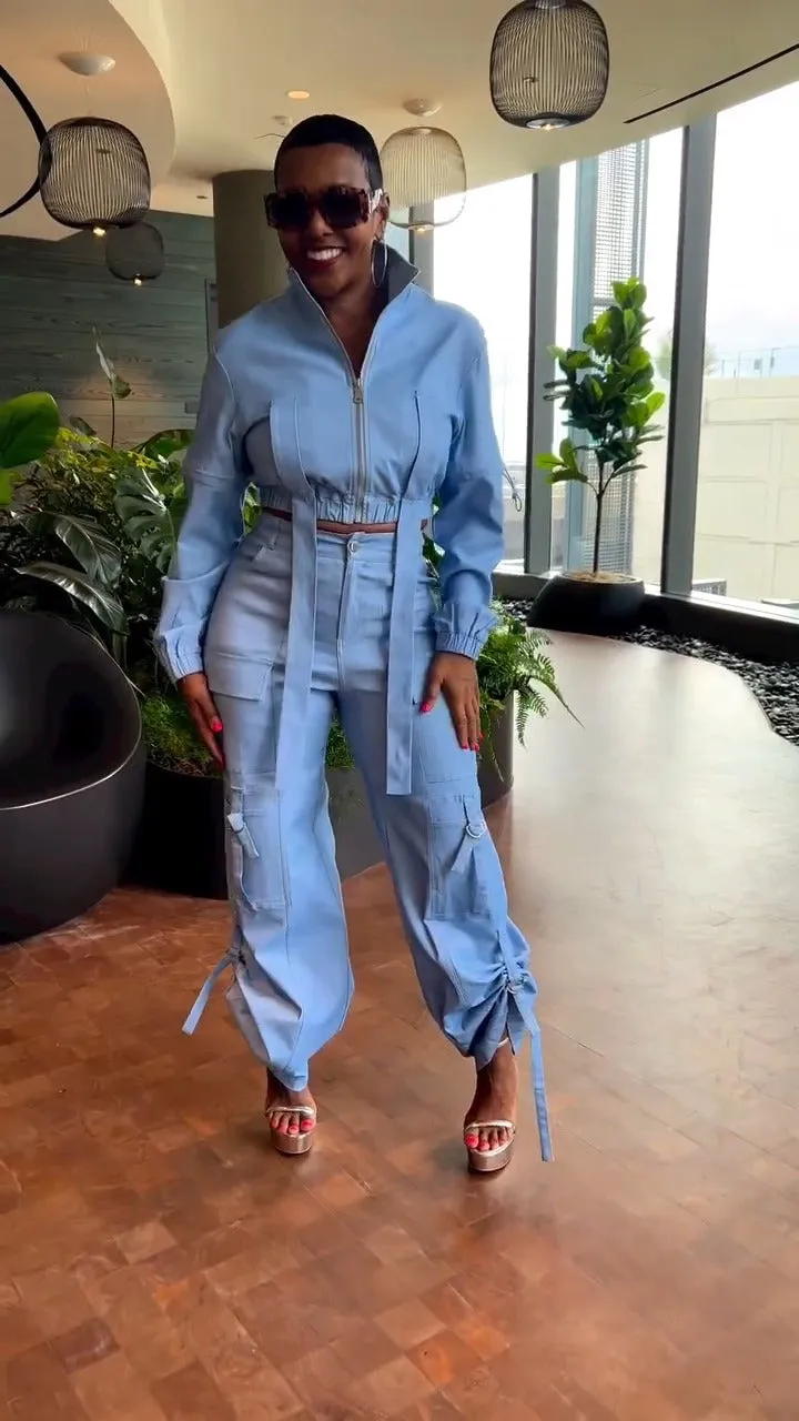 Utility-Inspired Pleated Cargo Jacket and High-Waist Pants Two-Piece Set
