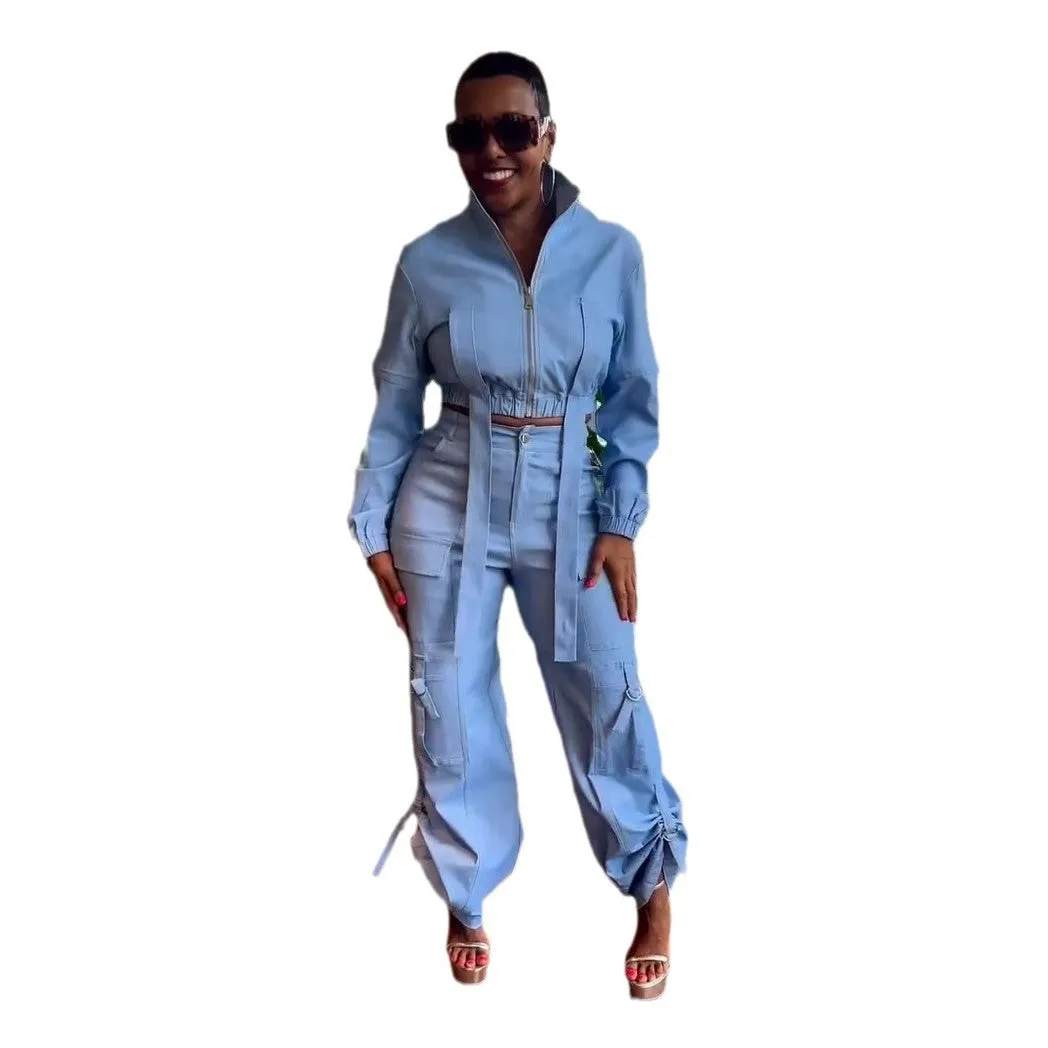 Utility-Inspired Pleated Cargo Jacket and High-Waist Pants Two-Piece Set