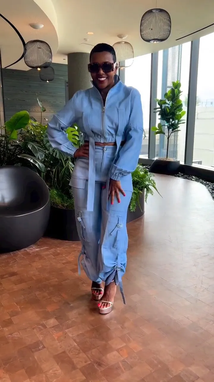 Utility-Inspired Pleated Cargo Jacket and High-Waist Pants Two-Piece Set