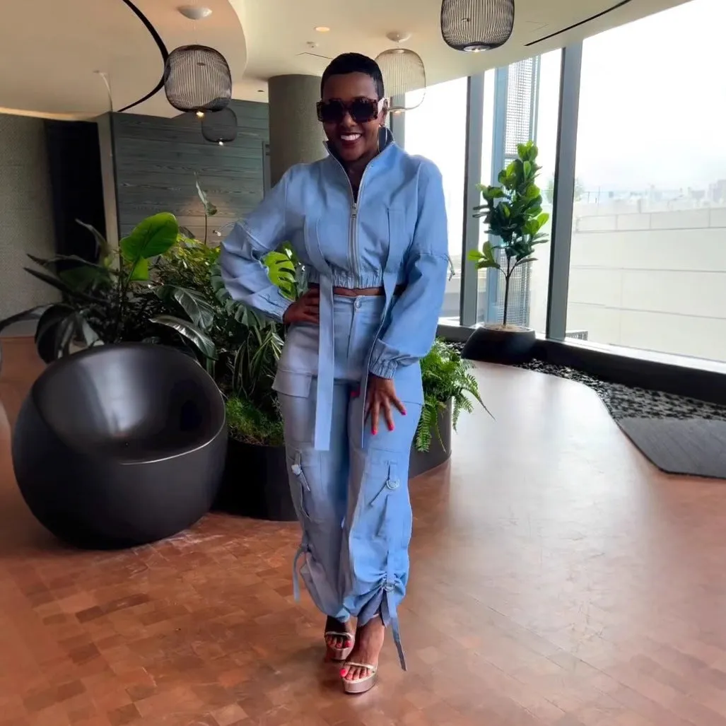 Utility-Inspired Pleated Cargo Jacket and High-Waist Pants Two-Piece Set