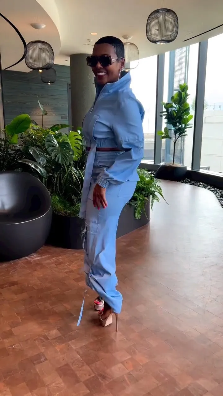 Utility-Inspired Pleated Cargo Jacket and High-Waist Pants Two-Piece Set
