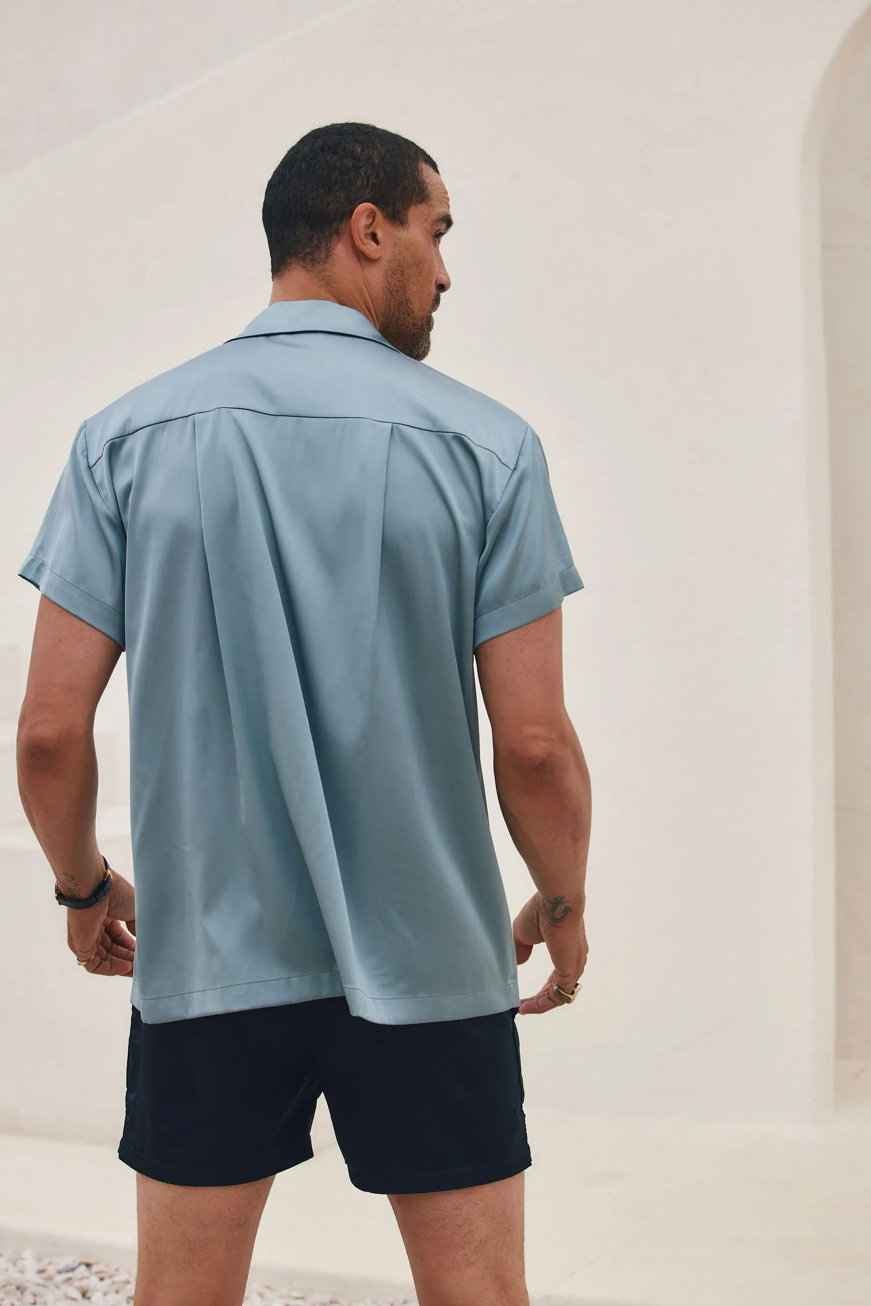Vaughn Blue Satin Camp Shirt
