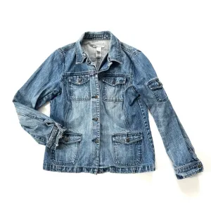 Vintage 90s Liz Claiborne Crazy Horse Distressed Cotton Cargo Denim Jean Jacket