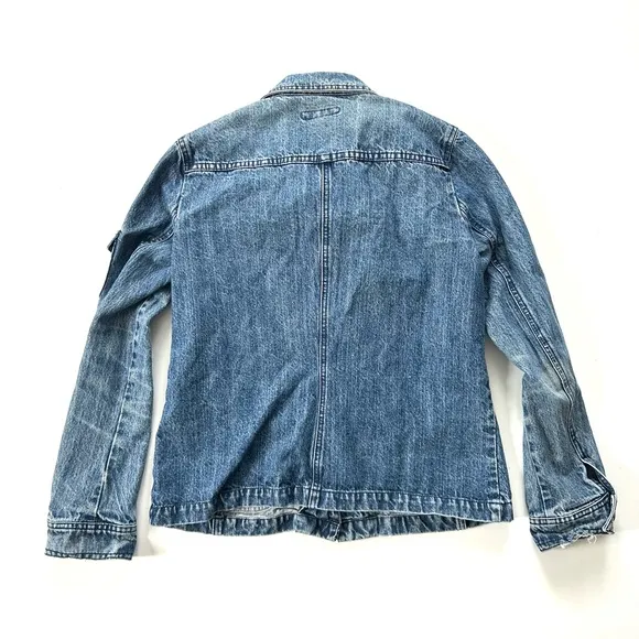 Vintage 90s Liz Claiborne Crazy Horse Distressed Cotton Cargo Denim Jean Jacket