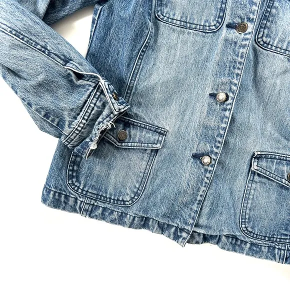 Vintage 90s Liz Claiborne Crazy Horse Distressed Cotton Cargo Denim Jean Jacket