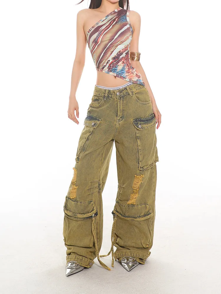 Vintage Destroyed Denim Cargo Pants