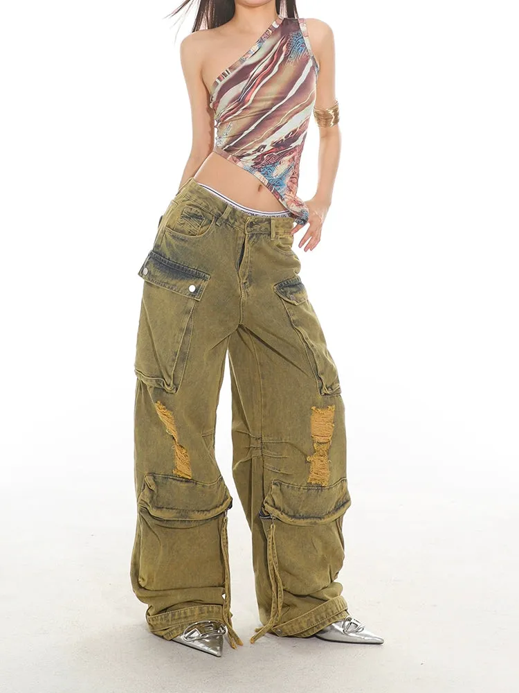 Vintage Destroyed Denim Cargo Pants