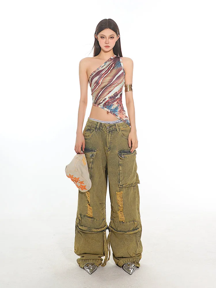 Vintage Destroyed Denim Cargo Pants