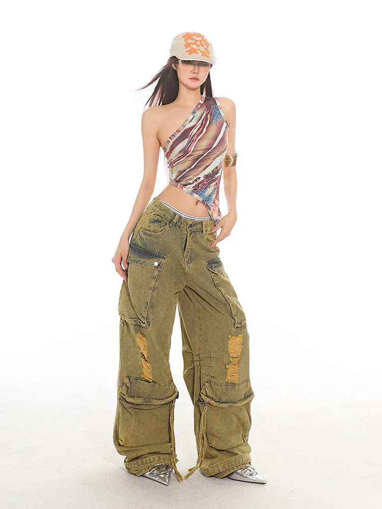 Vintage Destroyed Denim Cargo Pants