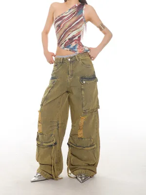Vintage Destroyed Denim Cargo Pants
