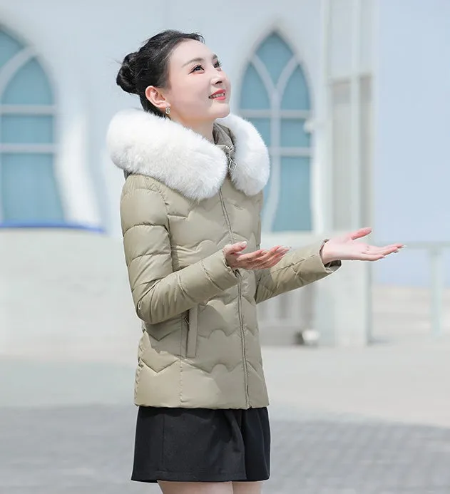 Water-resistant Hooded Puffer Jacket for Women with Zip-up Closure