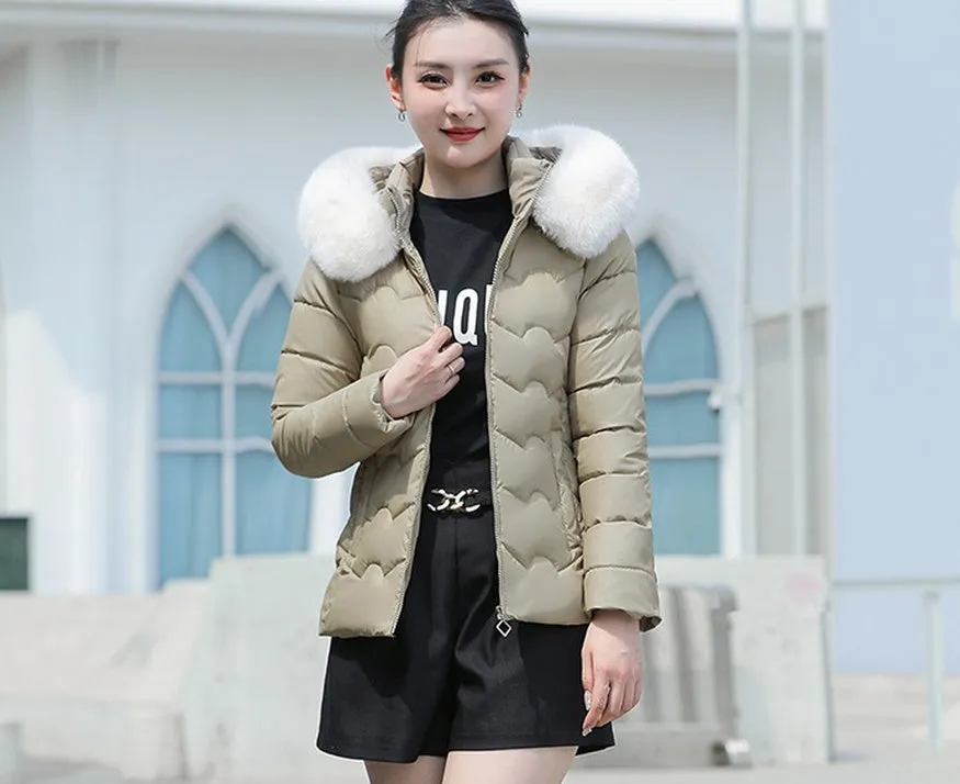 Water-resistant Hooded Puffer Jacket for Women with Zip-up Closure