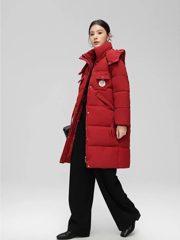 Water-resistant Knee-length Quilted Puffer Jacket for Women