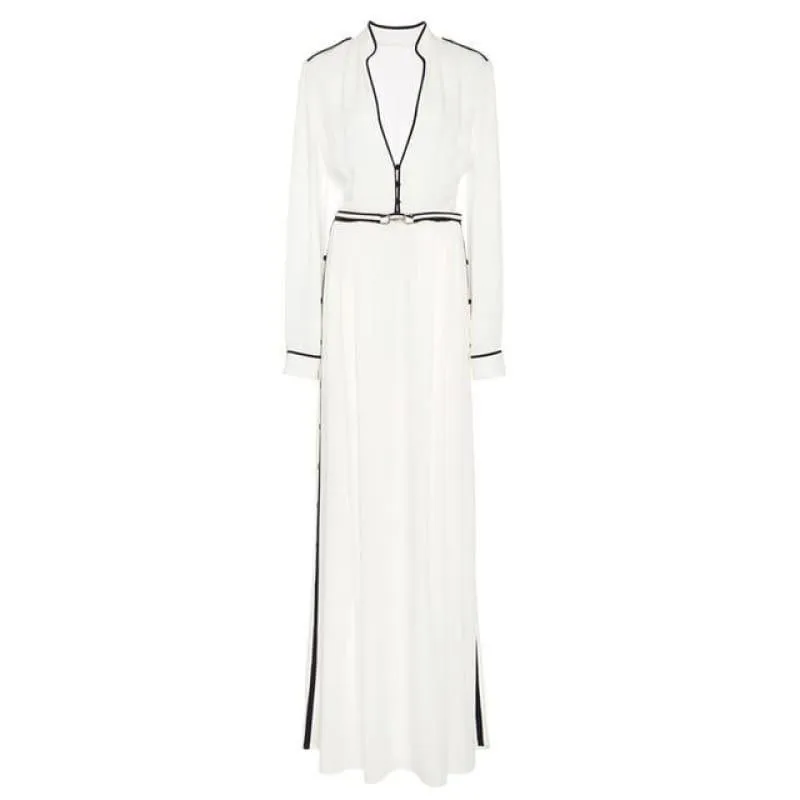 White Chiffon V Neck Lace Up High Waist Split X Long Spring Fashion Elegant Maxi Dress