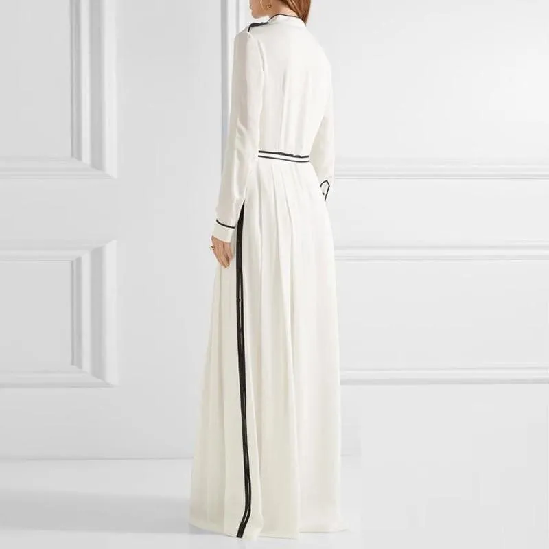 White Chiffon V Neck Lace Up High Waist Split X Long Spring Fashion Elegant Maxi Dress