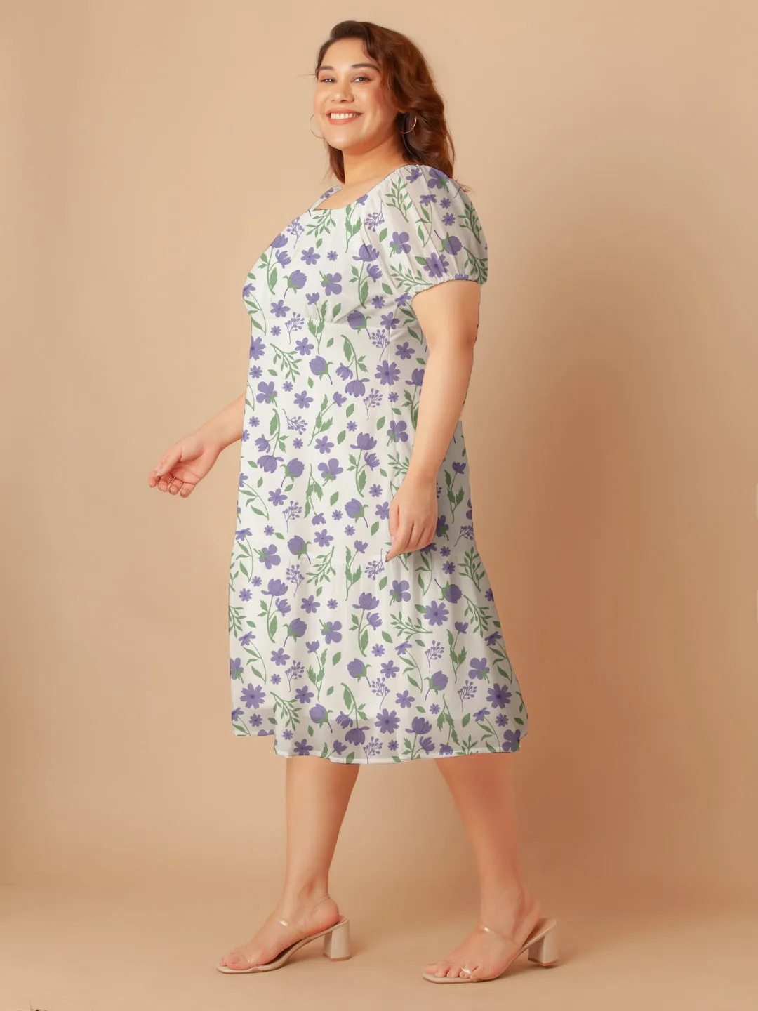 White Floral Print Empire Midi Dress