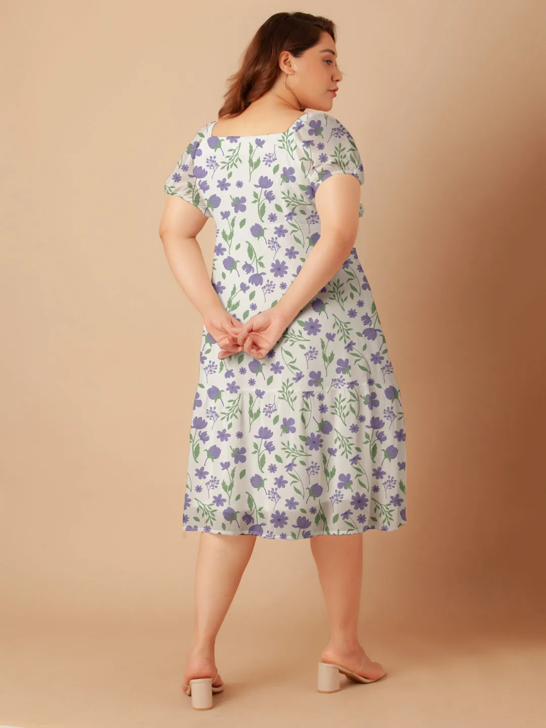White Floral Print Empire Midi Dress
