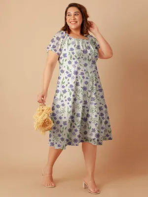 White Floral Print Empire Midi Dress