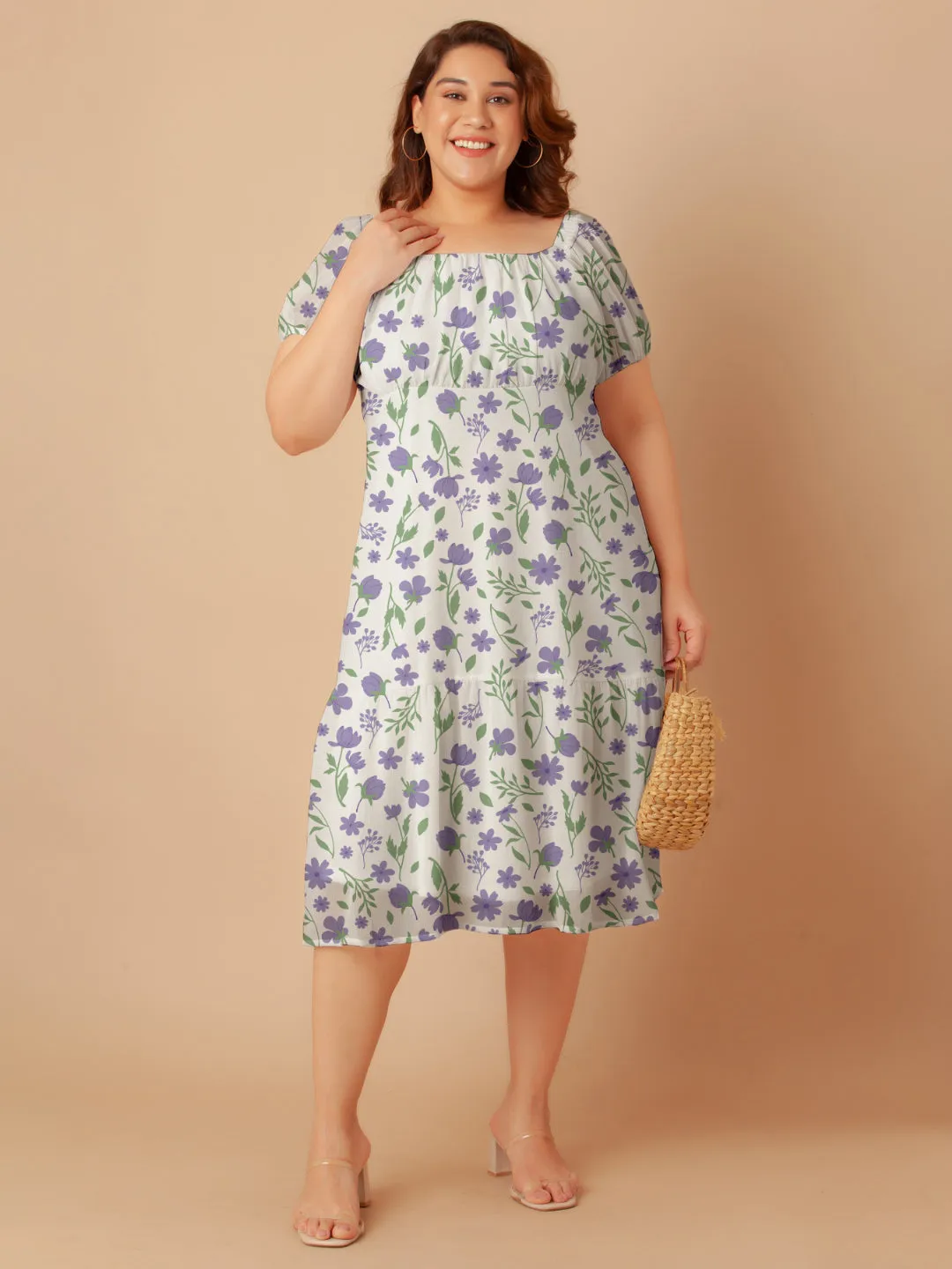 White Floral Print Empire Midi Dress