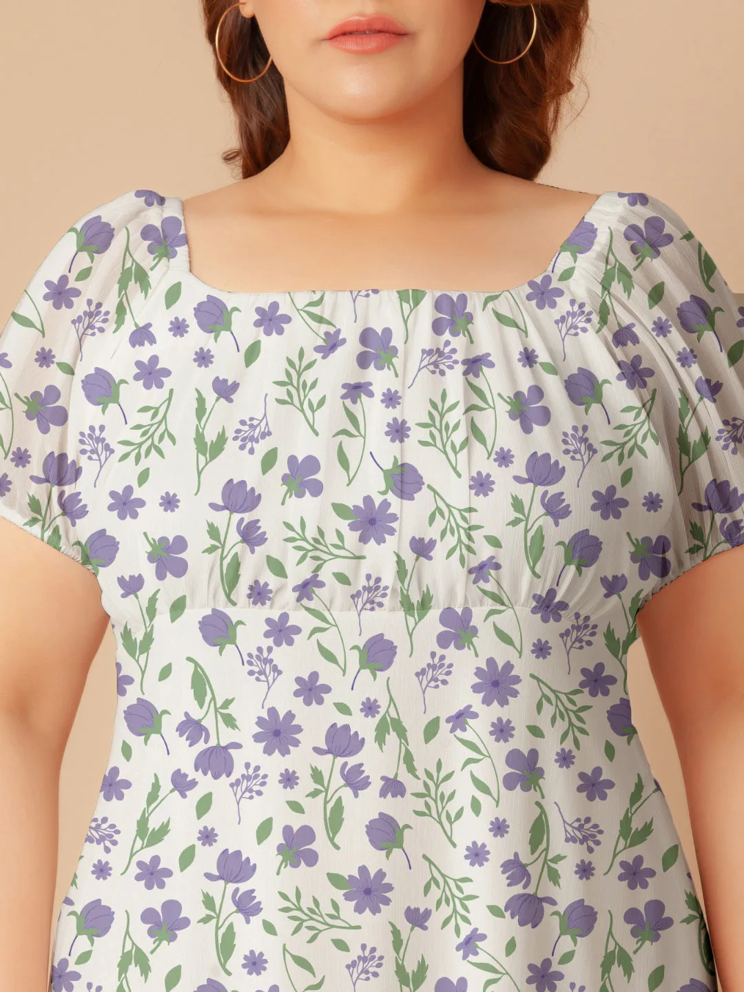 White Floral Print Empire Midi Dress