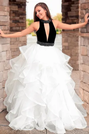 White high neck tulle long prom dress, white tulle evening dress