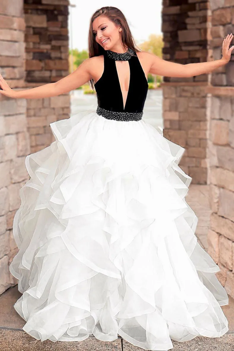 White high neck tulle long prom dress, white tulle evening dress