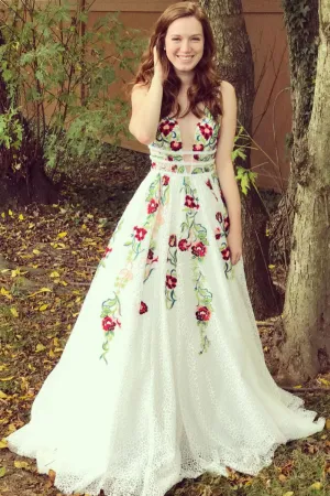 White v neck lace applique long prom dress white lace evening dress