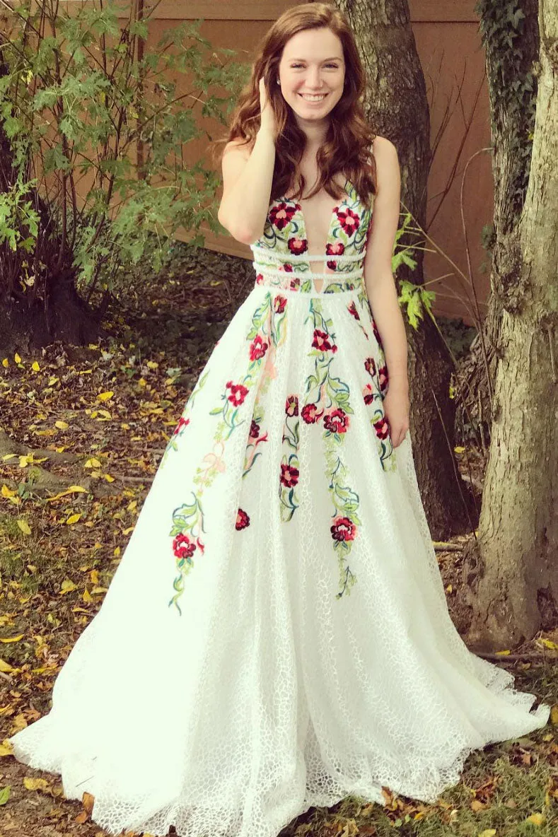 White v neck lace applique long prom dress white lace evening dress