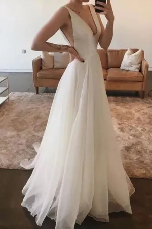 White v neck tulle long prom dress white evening dress