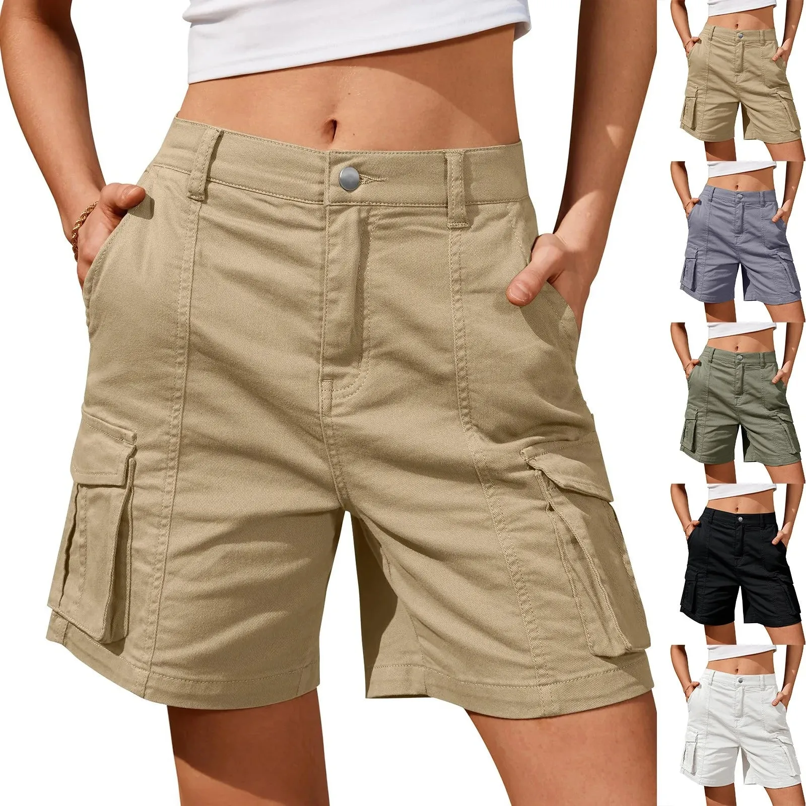 Women Summer Cargo Shorts Solid Casual Pockets Beach Short Pants Short Pants All Match Streetwear Bottoms