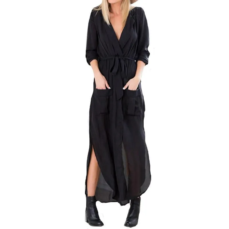 Women Vintage Casual Loose Long Maxi Split V Neck Dress Ladies Chiffon Beach Dress US Plus Size 4-24