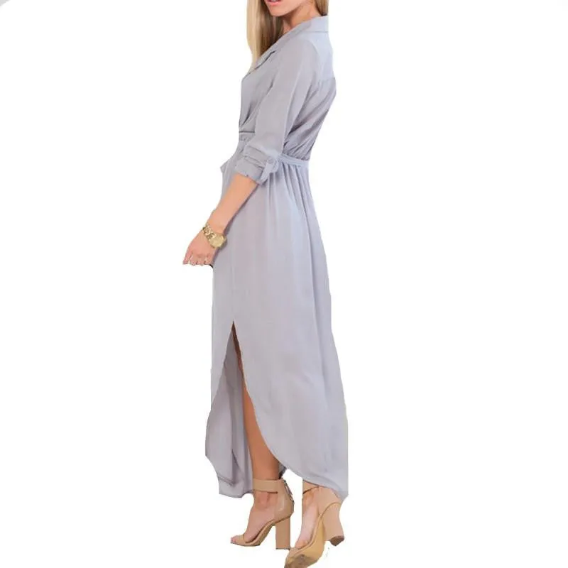 Women Vintage Casual Loose Long Maxi Split V Neck Dress Ladies Chiffon Beach Dress US Plus Size 4-24