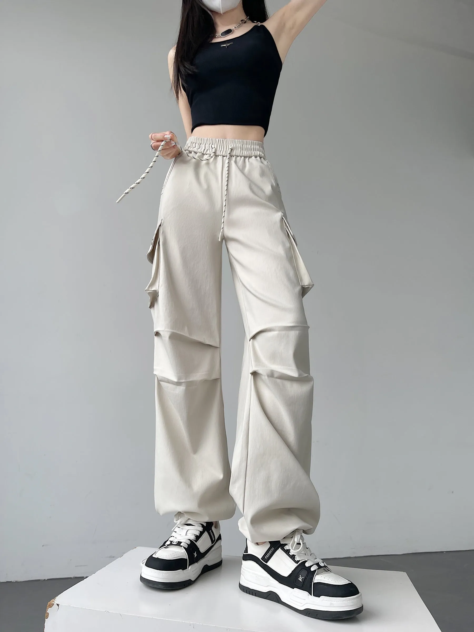 Women's Casual Drawstring Waisted Cargo Pants with Adjustable Cuffs