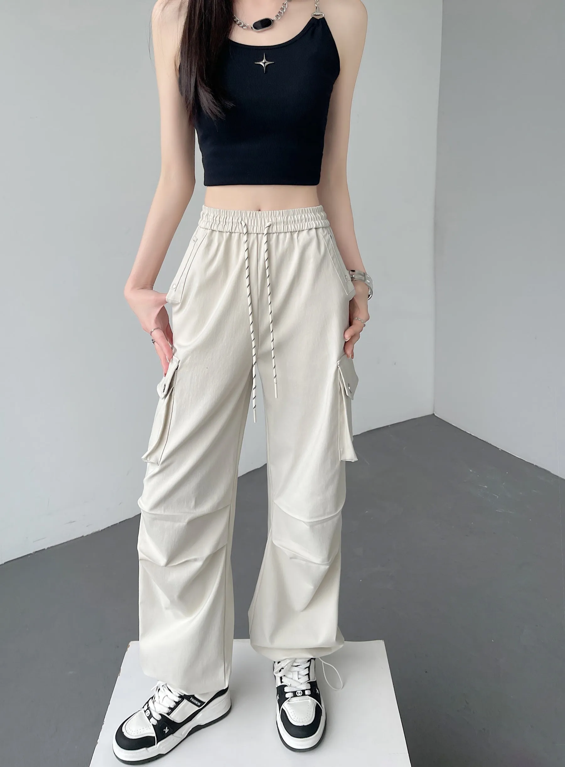 Women's Casual Drawstring Waisted Cargo Pants with Adjustable Cuffs