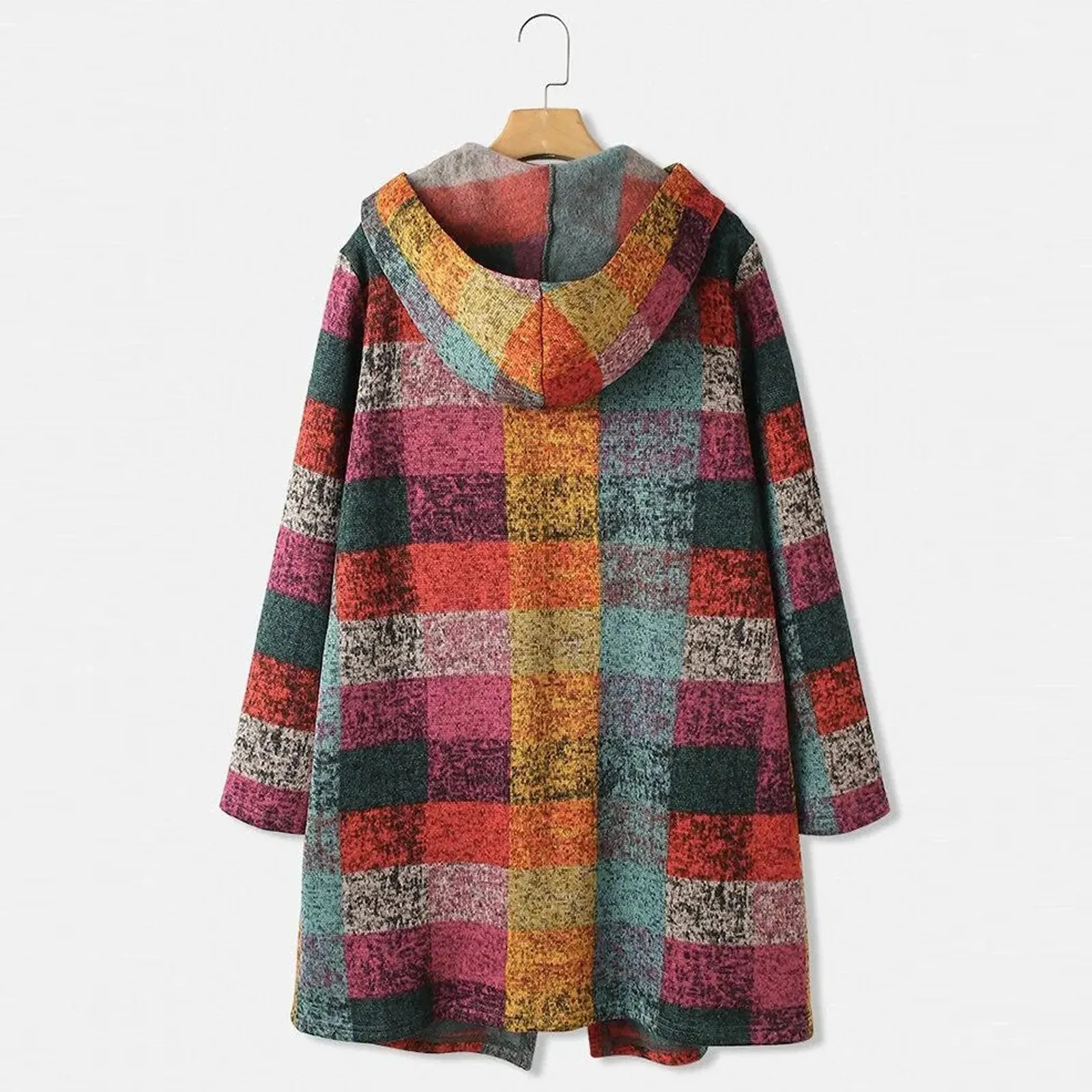 Womens Casual Plaid Cardigan Long Sleeve Zipper Hooded Vintage Pocket Duster Sweater Cardigan Womens Knit Jackets Ropa De Mujer