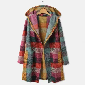 Womens Casual Plaid Cardigan Long Sleeve Zipper Hooded Vintage Pocket Duster Sweater Cardigan Womens Knit Jackets Ropa De Mujer