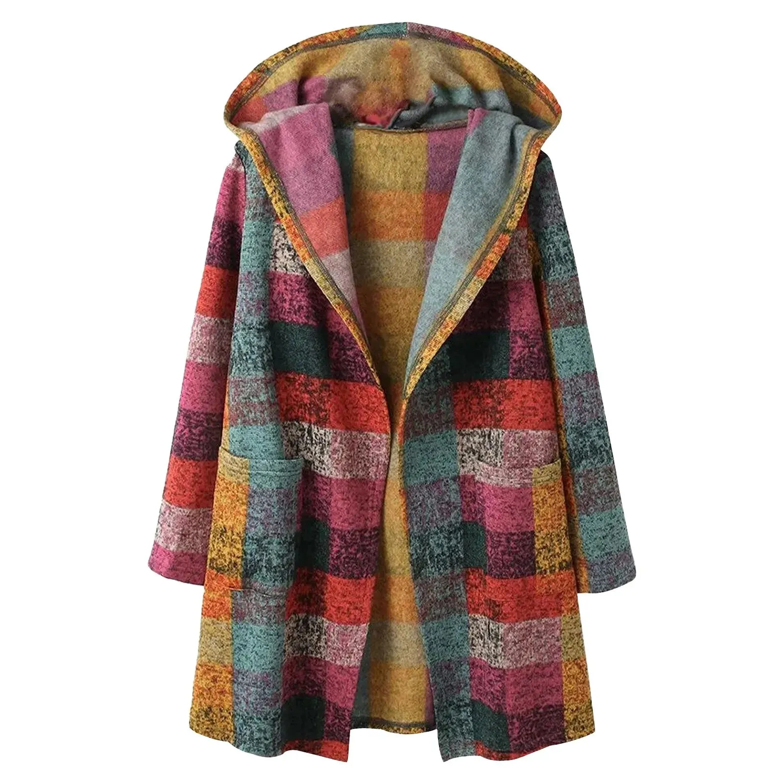 Womens Casual Plaid Cardigan Long Sleeve Zipper Hooded Vintage Pocket Duster Sweater Cardigan Womens Knit Jackets Ropa De Mujer