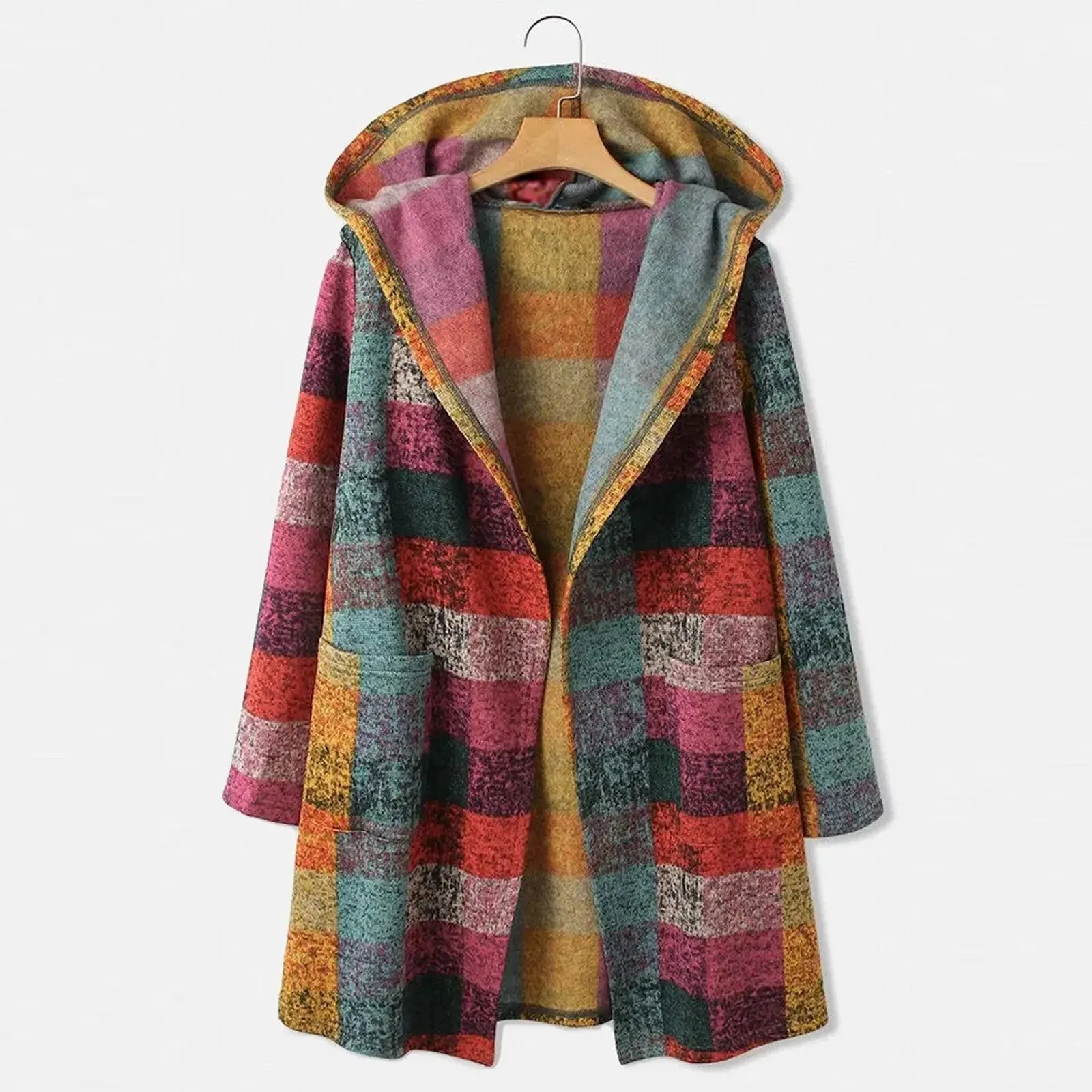 Womens Casual Plaid Cardigan Long Sleeve Zipper Hooded Vintage Pocket Duster Sweater Cardigan Womens Knit Jackets Ropa De Mujer