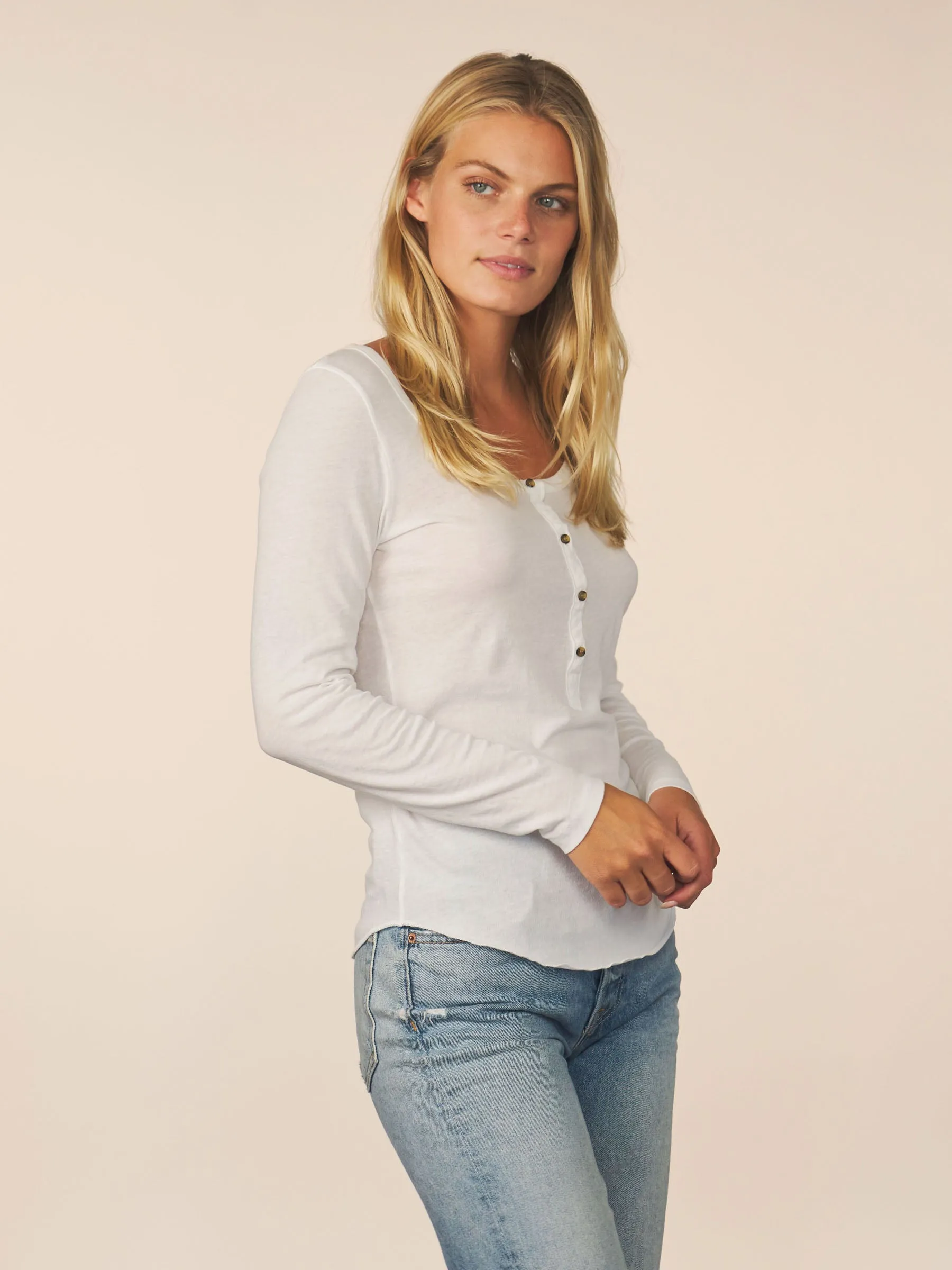 women’s cotton cashmere long sleeve henley - white