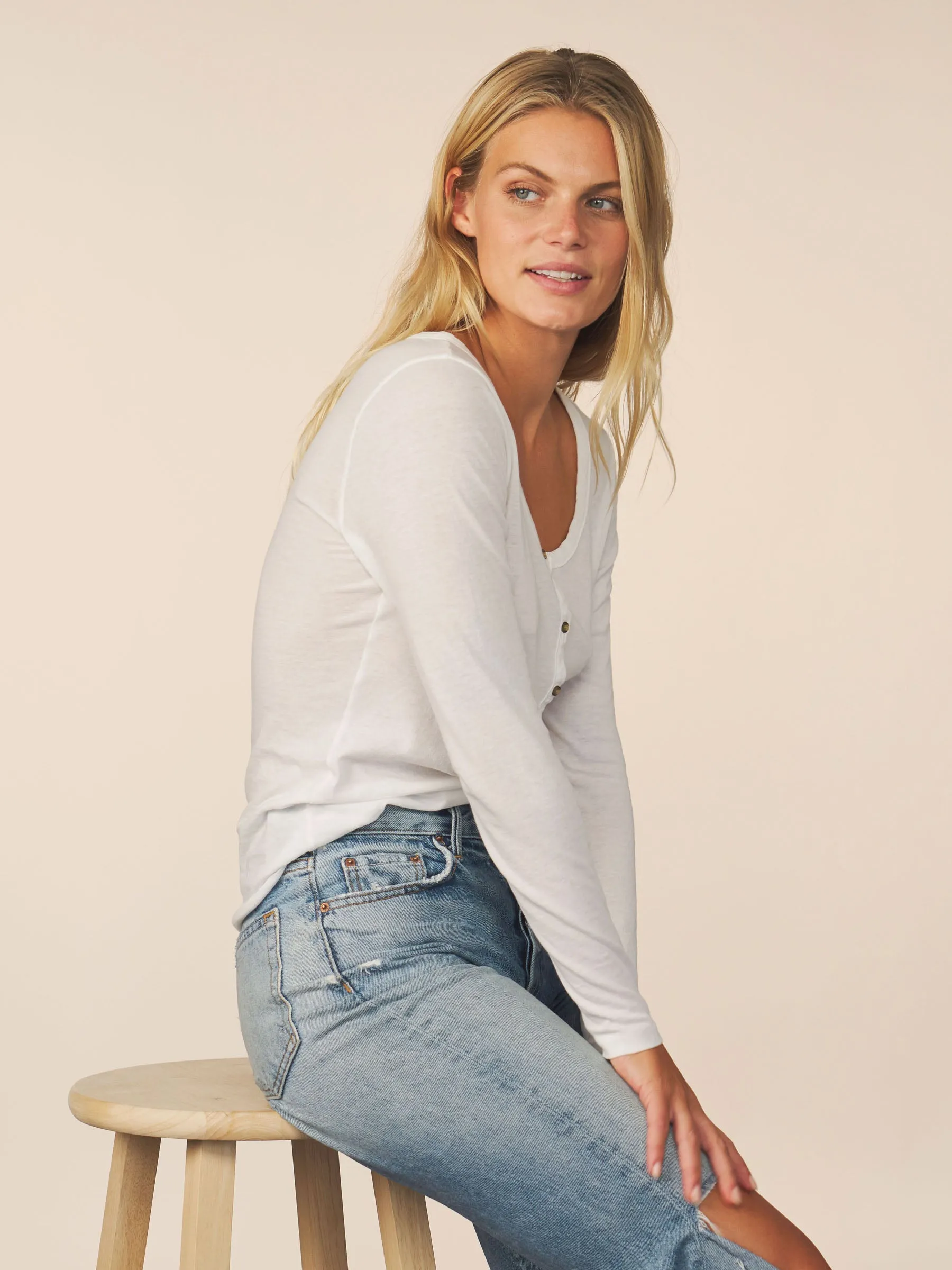 women’s cotton cashmere long sleeve henley - white