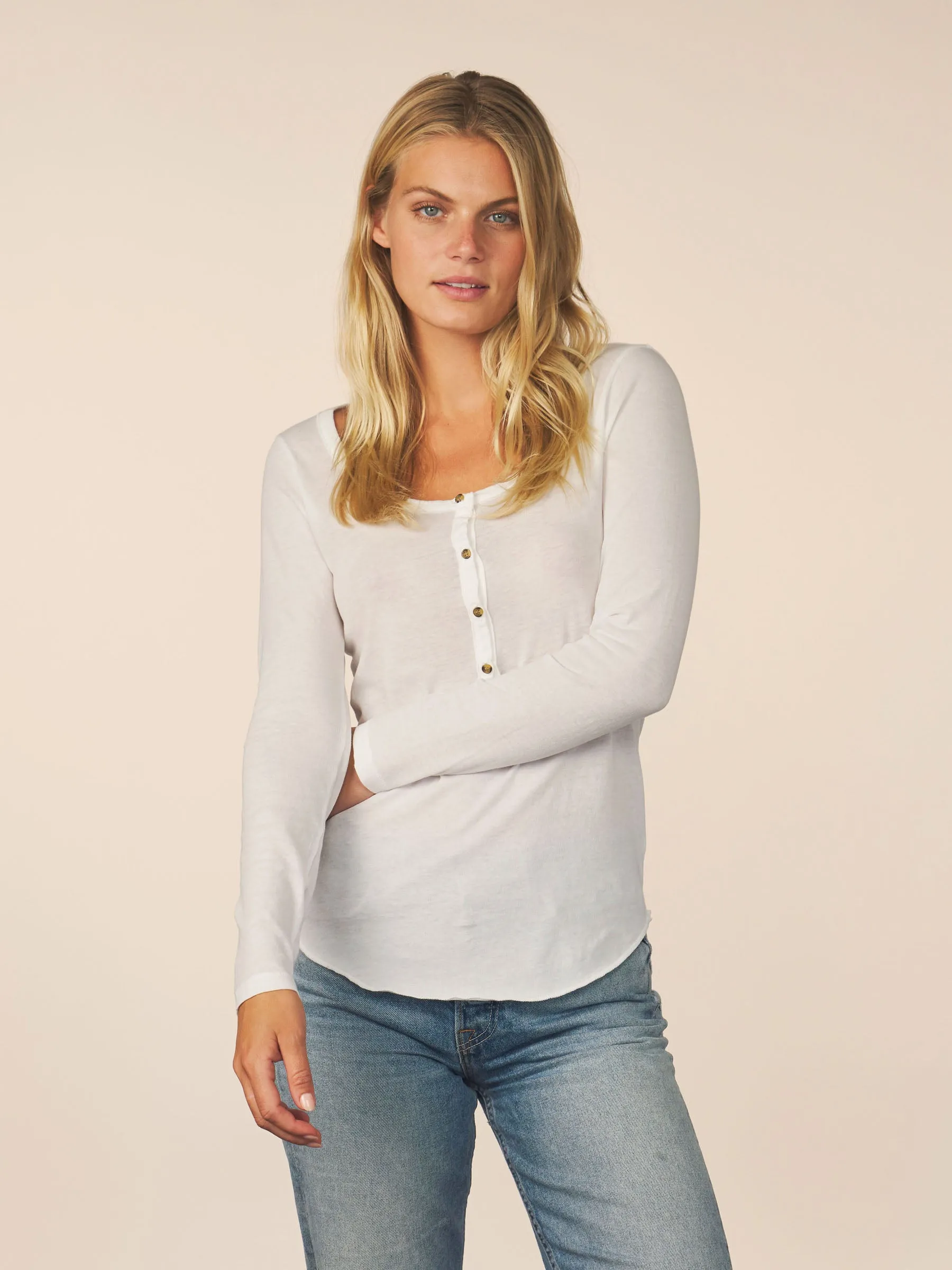 women’s cotton cashmere long sleeve henley - white