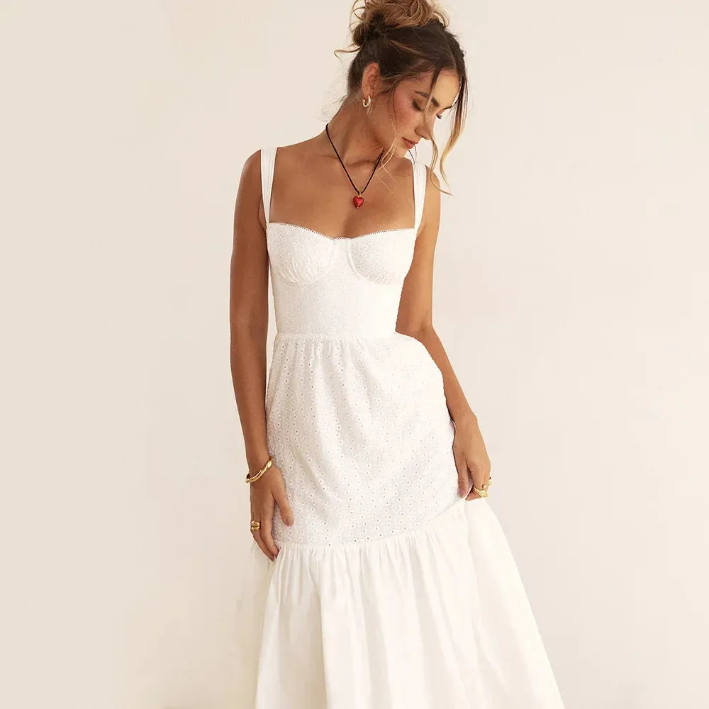 Women's Midi Summer Dress Linen-Cotton Blend Jacquard Dress Elegant Sexy Slip White Vacation Dress