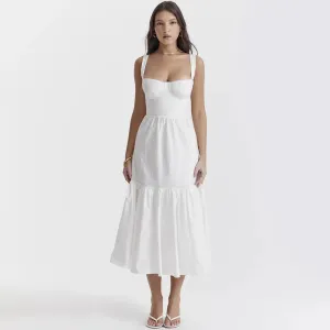 Women's Midi Summer Dress Linen-Cotton Blend Jacquard Dress Elegant Sexy Slip White Vacation Dress