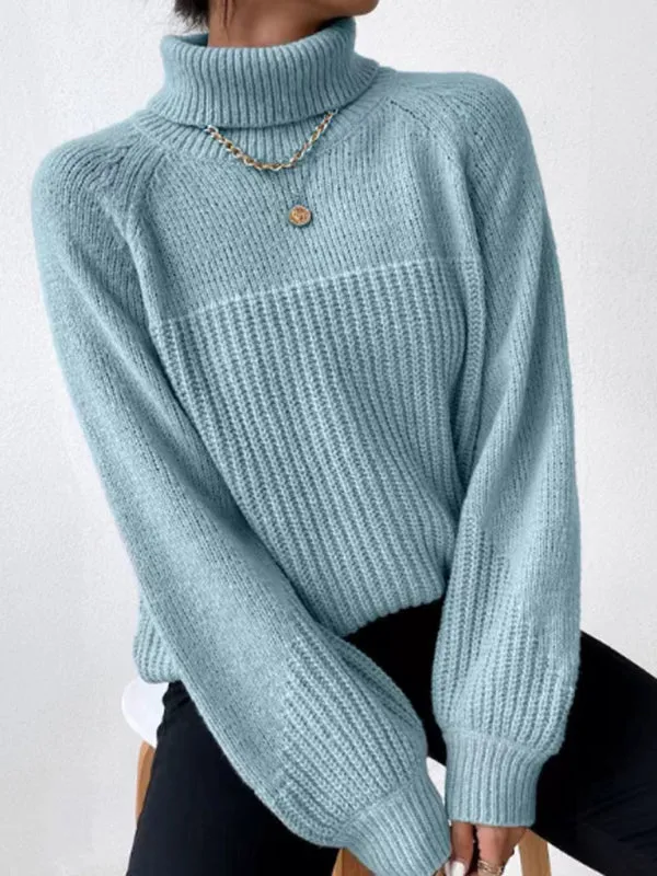 Women's simple lapel raglan sleeve pullover knitted sweater