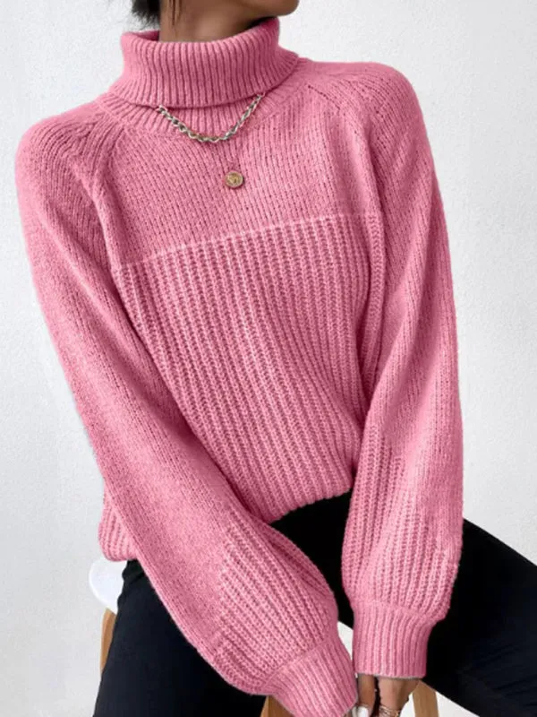 Women's simple lapel raglan sleeve pullover knitted sweater