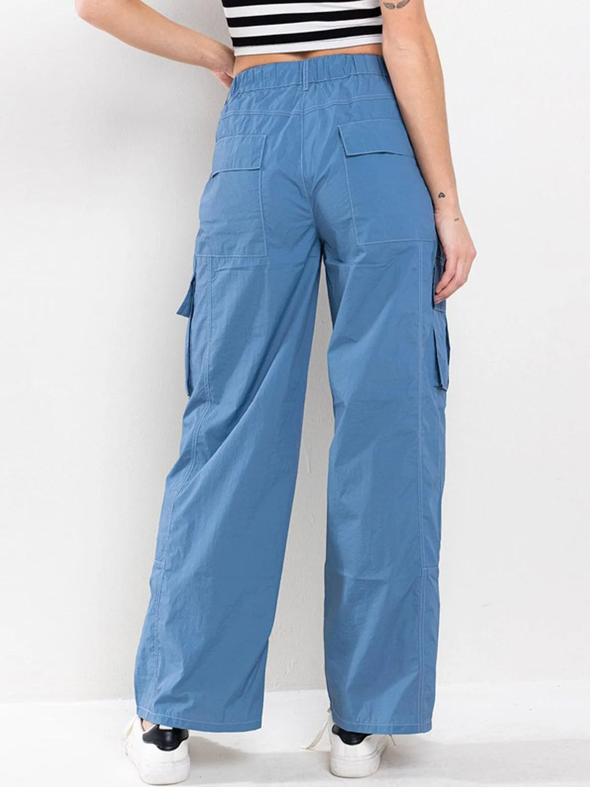 WOMEN'S STRETCH WAISTBAND CARGO POCKETS WIDE LEG PANTS