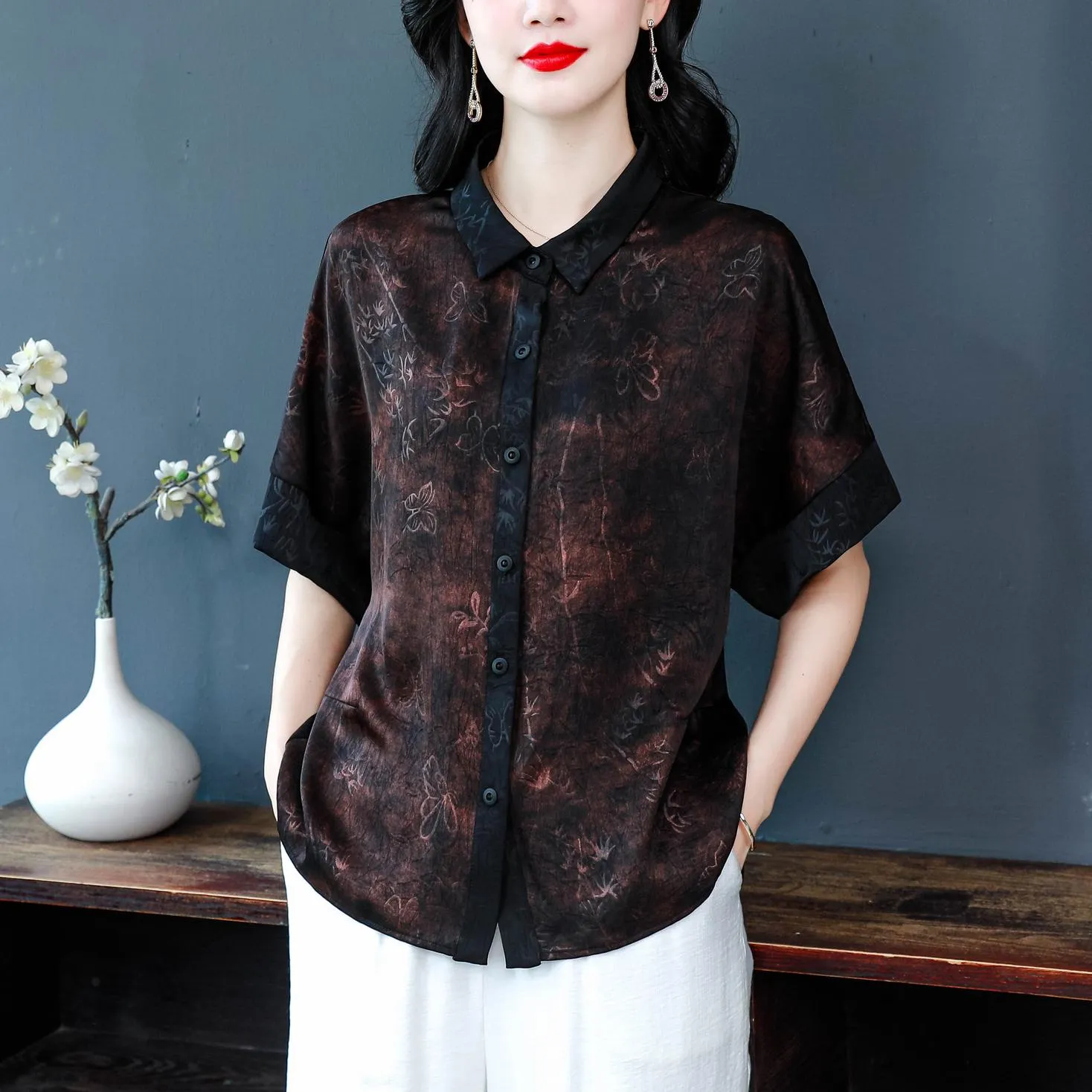 Women's Stylish Satin Shirt with Contrast Trim and Patch Pocket