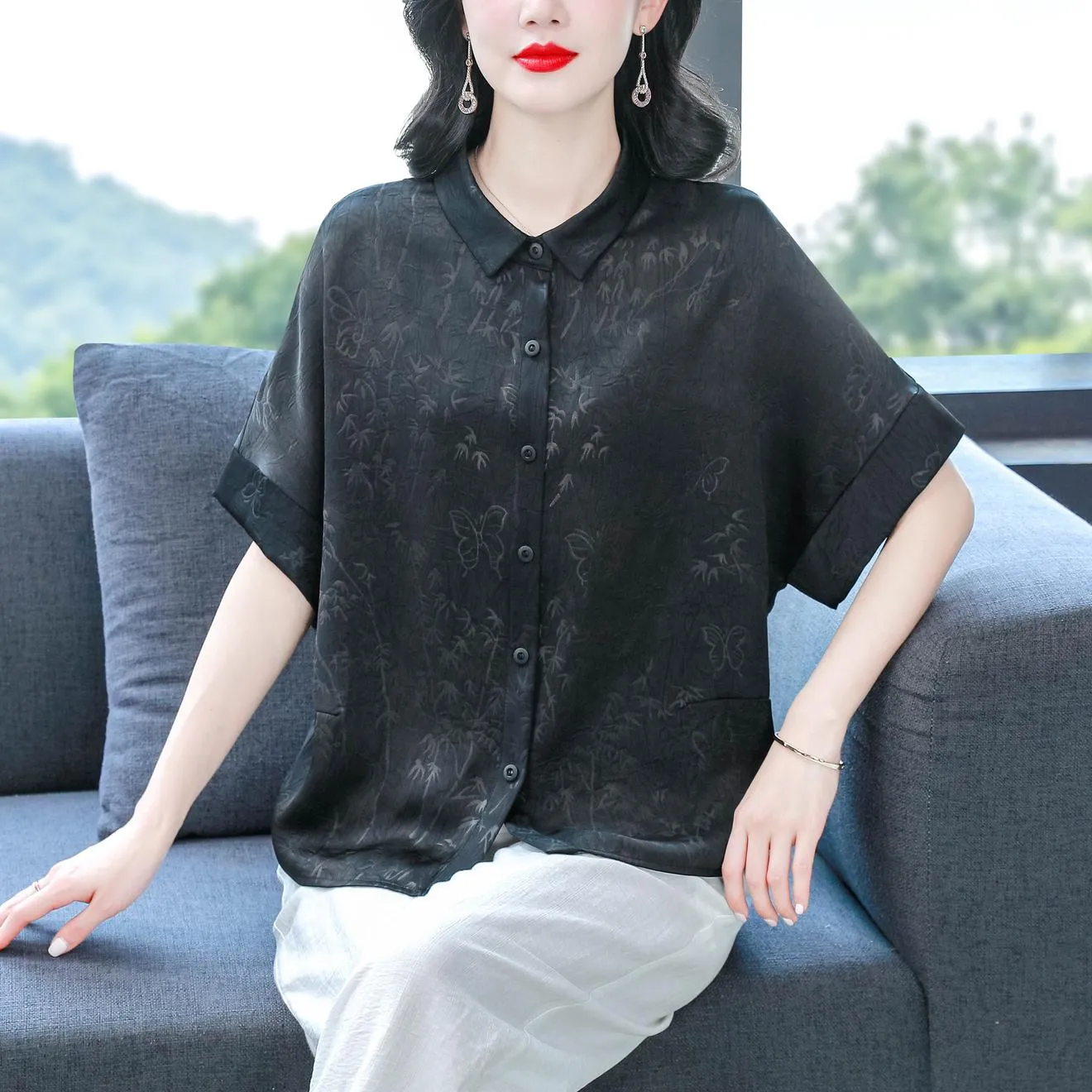 Women's Stylish Satin Shirt with Contrast Trim and Patch Pocket
