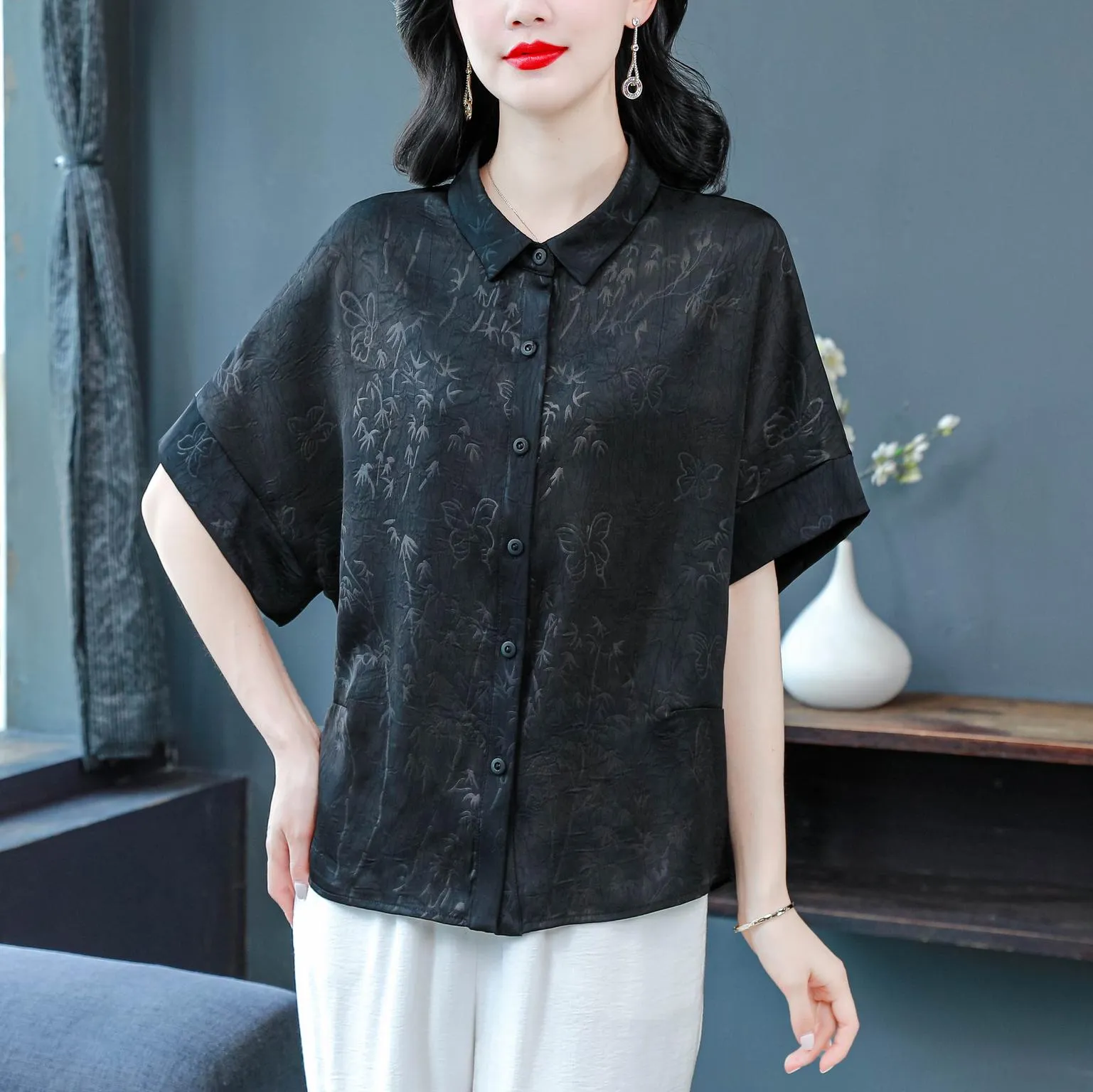 Women's Stylish Satin Shirt with Contrast Trim and Patch Pocket