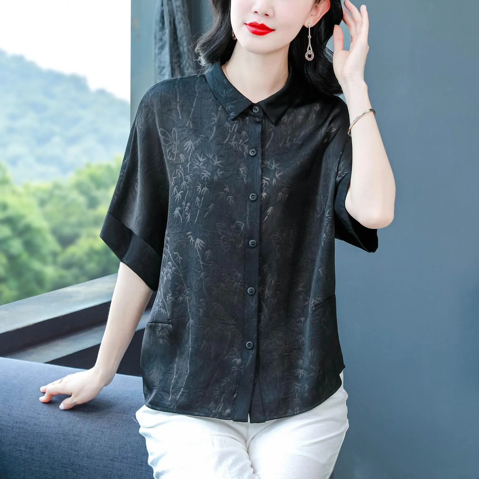 Women's Stylish Satin Shirt with Contrast Trim and Patch Pocket